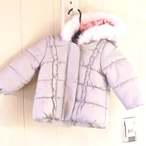 LONDON FOG HOODED FAUX FUR GREY PINK SHOOTING STAR PUFFER JACKET SIZE 18 MONTHS